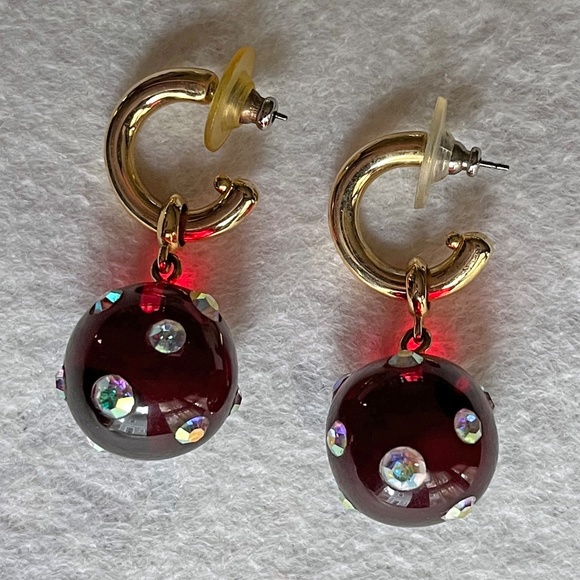 fun earrings for pierced ears gold with red lucite ball and rhinestones - Picture 2 of 5
